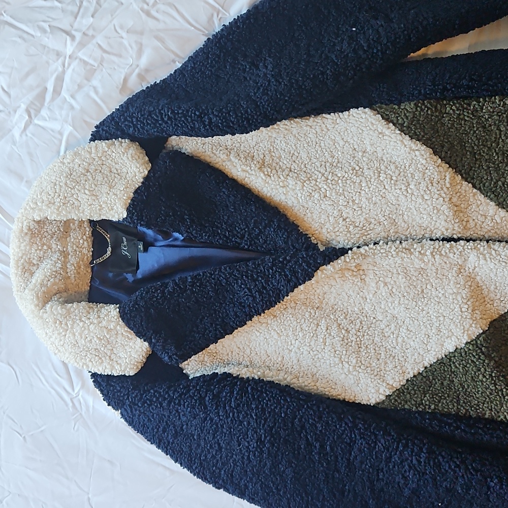JCrew Small Navy Blue Olive Green Ivory Cream Colorblock Teddy Sherpa Topcoat